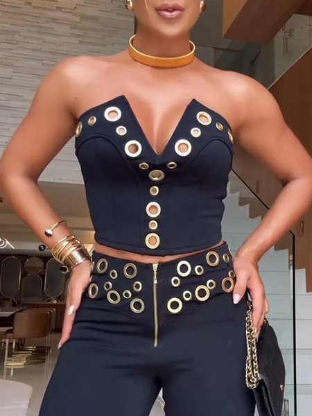 

Urban Plain Grommets Strapless Tank Top, Black, Tanks and Camis