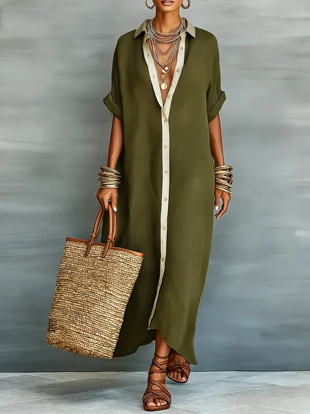 Cotton Casual Color Block Buttoned Shirt Collar Maxi Dress