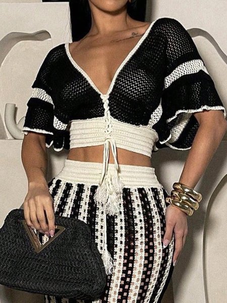 Urban Color Block Lace-up V Neck Knit Top