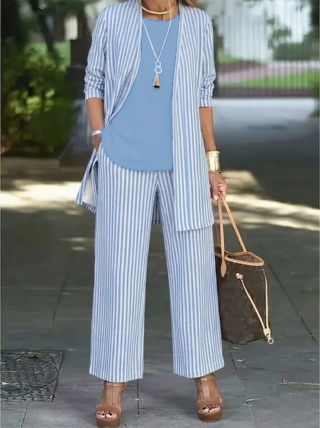 

Women Striped Printing Matching Outfit Daily Long Sleeve Casual Spring/Fall Multi-Piece Set Matching Set, Blue, Suit Set