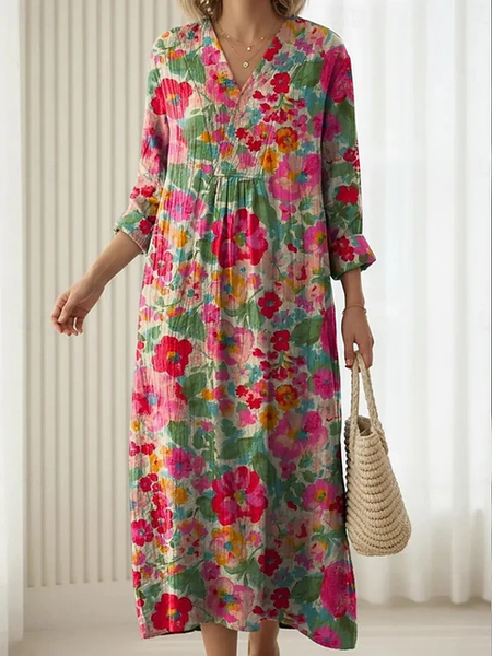 

Women Floral Spring/Fall Dress V Neck Long Sleeve Shirt Dress A-Line Dress, Dark pink, Dresses