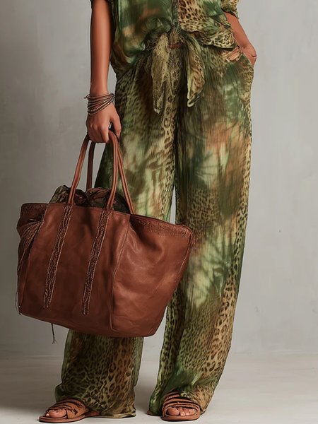 

Vacation Leopard Printing Straight Pants, Green, Pants