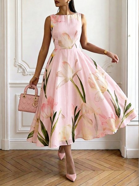 

Elegant Floral Printing Boat Neck Midi Dress, Pink, Midi Dresses
