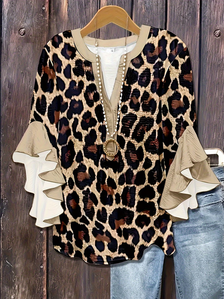 

Women Leopard V Neck Half Sleeve Shirt Printing Casual Daily Summer Top, Brown, Shirts