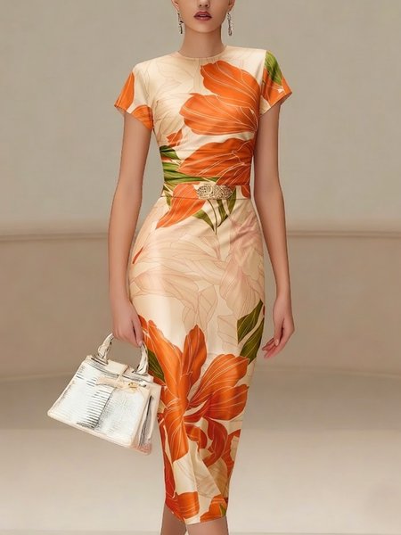 

Elegant Floral Printing Crew Neck Midi Dress, Orange, Midi Dresses