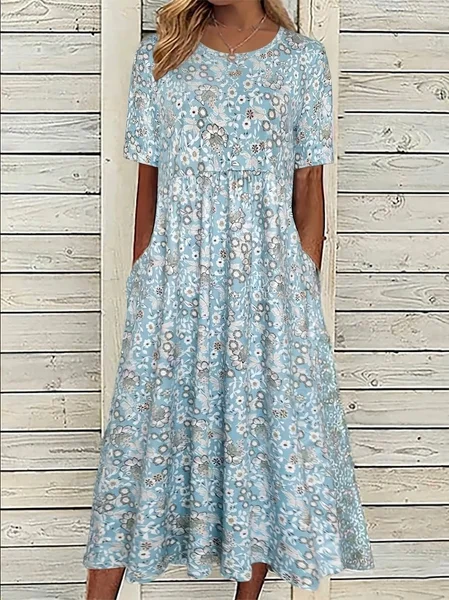 

Women Floral Summer Printing Dress Crew Neck Short Sleeve Shift Dress H-Line Dress, Blue, Dresses