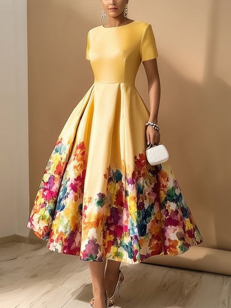 Elegant Floral Printing Crew Neck Midi Party Dress