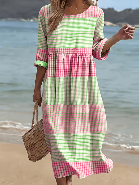

Women Plaid Half Sleeve Crew Neck Printing Dress Daily Casual Maxi H-Line Summer Dress, Pink, Casual Dresses