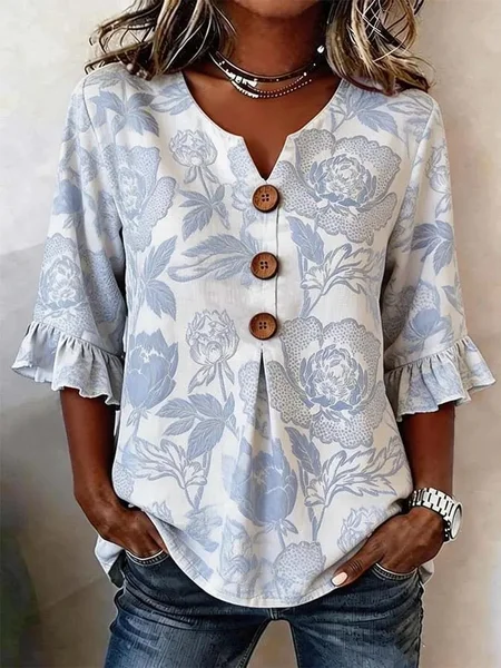 

V Neck Short Sleeve Floral Regular Regular Fit Blouse For Women, Color6, Blouses