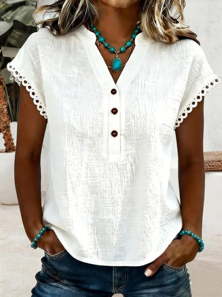 

V Neck Short Sleeve Plain Regular Loose Shirt For Women, White, T-shirts
