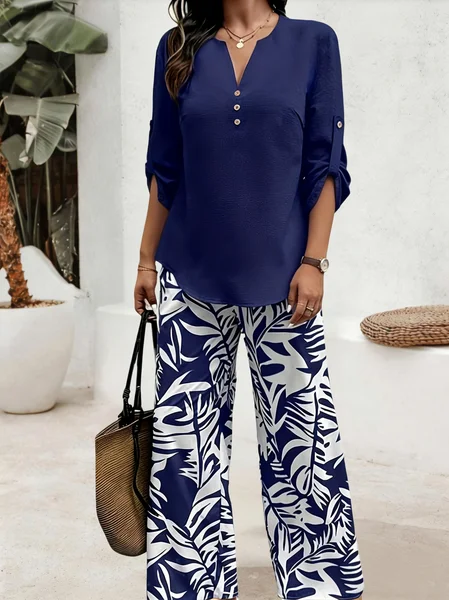 

Women Leaf Two-Piece Set Daily Short Sleeve Casual Summer Top With Pants Matching Set, Blue, Jumpsuits&Rompers