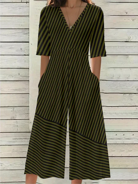 

Women Striped V Neck Half Sleeve Casual Summer Jumpsuit, As picture, Jumpsuits＆Rompers