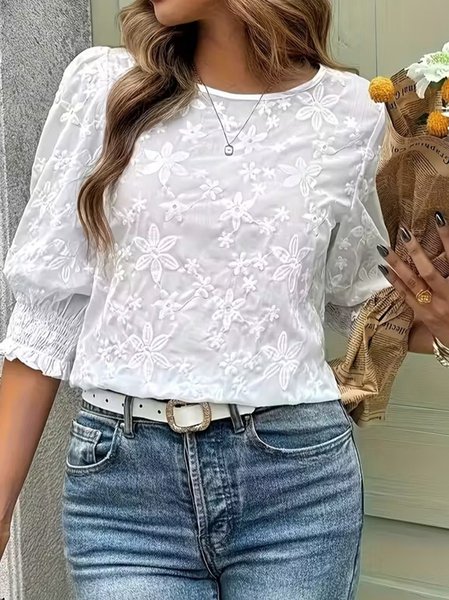 

Crew Neck Short Sleeve Floral Regular Regular Fit Blouse For Women, White, Blouses