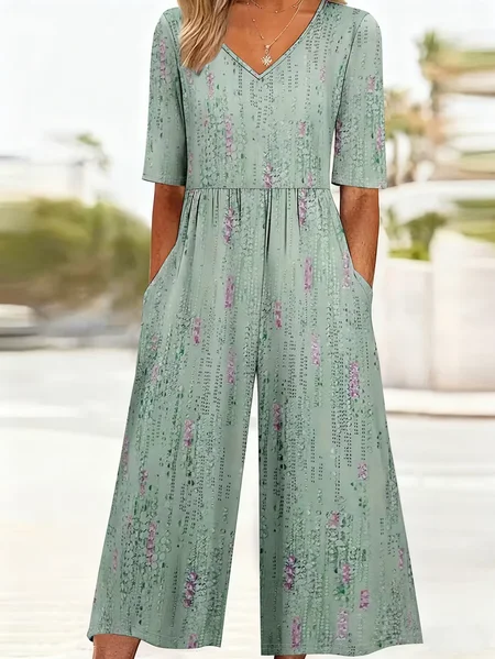 

Women Abstract V Neck Half Sleeve Casual Summer Jumpsuit, Green, Jumpsuits&Rompers