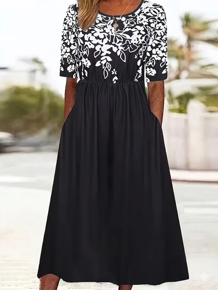 

Women Floral Short Sleeve Crew Neck Printing Dress Daily Casual Maxi Shift Dress H-Line Summer Dress, Black, Casual Dresses