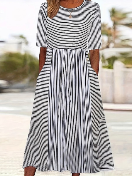 

Women Striped Summer Printing Dress Crew Neck Short Sleeve Shift Dress H-Line Dress, White, Dresses