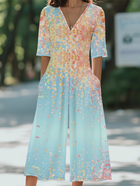 

Women Floral V Neck Half Sleeve Casual Summer Jumpsuit, Blue, Jumpsuits＆Rompers