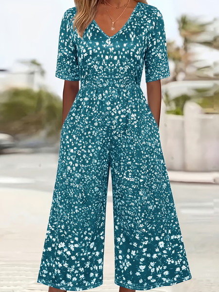 

Women Floral V Neck Half Sleeve Casual Summer Jumpsuit, Cyan, Jumpsuits＆Rompers
