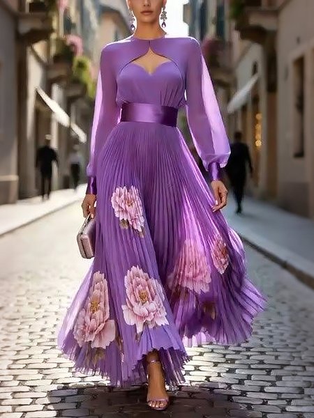 

Elegant Floral Pleated Crew Neck Maxi Party Dress With Belt, Purple, Cocktail Dresses