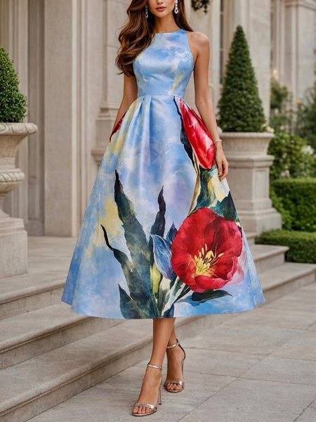 

Elegant Floral Printing Crew Neck Midi Dress, Blue, Cocktail Dresses