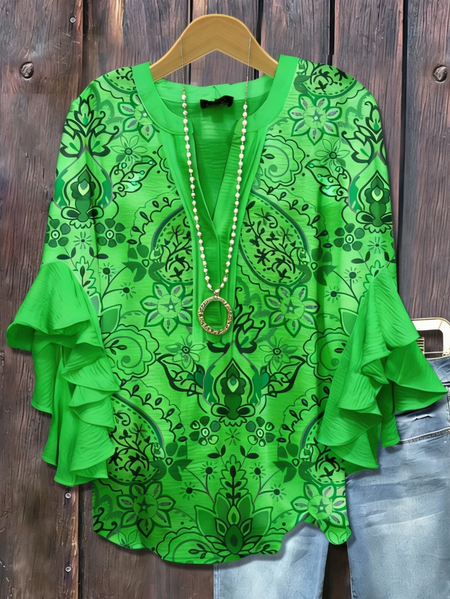 

Women Floral V Neck Half Sleeve Shirt Printing Casual Daily Summer Top, Green, Shirts