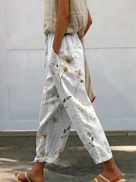 

Women Floral Long Pants Casual Spring/Fall Trousers, White, Pants