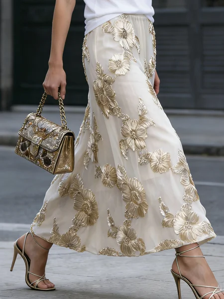 

Elegant Jacquard Plain Maxi Skirt, Apricot, Skirts