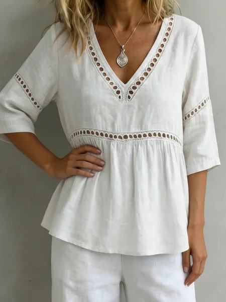 

V Neck Short Sleeve Plain Regular Regular Fit Blouse For Women, White, Blouses