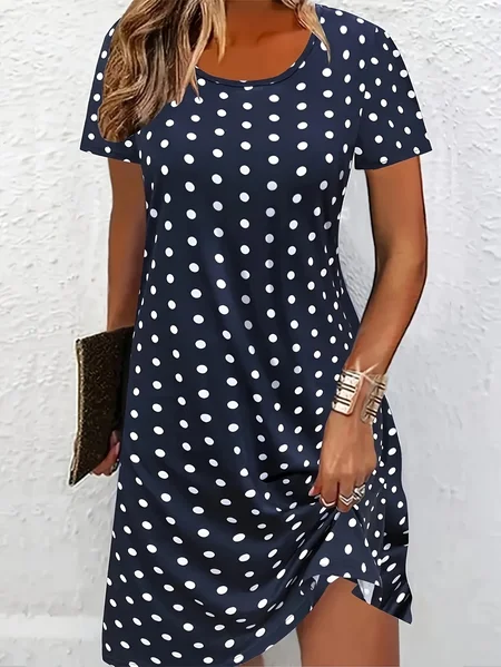 

Women Polka Dots Summer Printing Dress Crew Neck Short Sleeve T-Shirt Dress A-Line Dress, Navyblue, Dresses