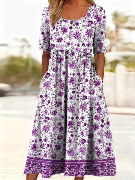 

Women Floral Short Sleeve Crew Neck Printing Dress Daily Casual Maxi Shift Dress H-Line Summer Dress, Purple, Casual Dresses