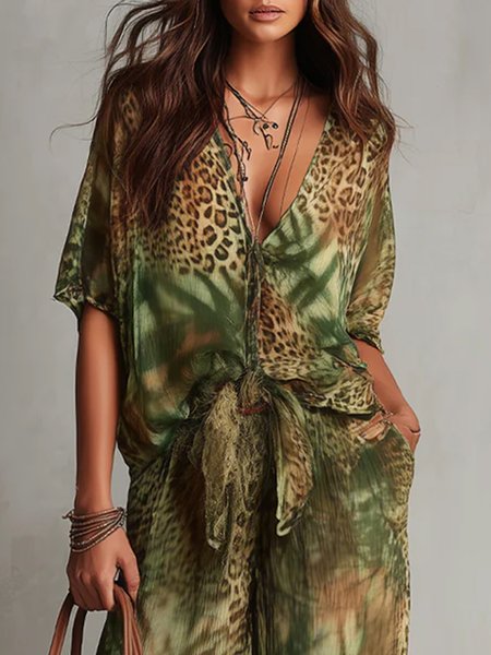 

Vacation Leopard Printing V Neck Shirt, Green, Blouses and Shirts