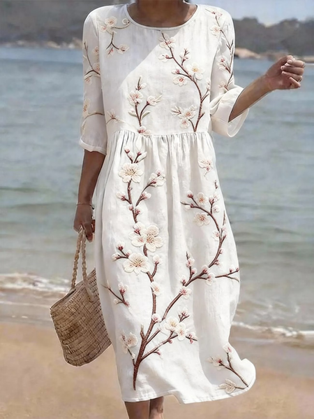 

Women Floral Half Sleeve Crew Neck Printing Dress Daily Casual Maxi H-Line Summer Dress, White, Casual Dresses