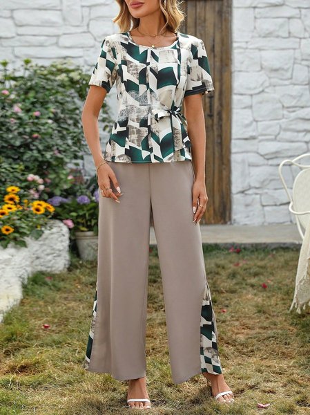

Women Abstract Graphic Two-Piece Set Daily Short Sleeve Casual Summer Top With Pants Matching Set, Green, Jumpsuits&Rompers