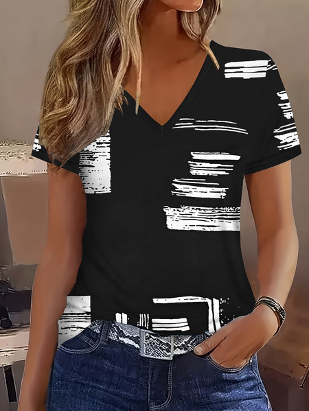 

Women Abstract Short Sleeve Tee T-shirt V Neck Printing Vintage Summer Top, Black, T-Shirts