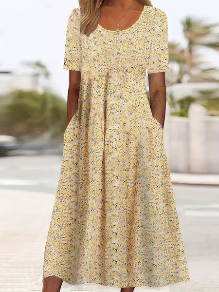 

Women Floral Summer Printing Dress Crew Neck Short Sleeve Shift Dress H-Line Dress, Yellow, Dresses