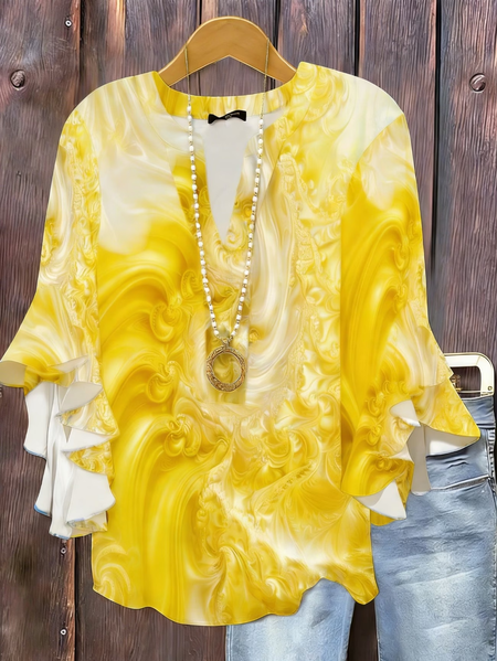 

Women Abstract V Neck Half Sleeve Shirt Printing Casual Daily Summer Top, Yellow, Shirts