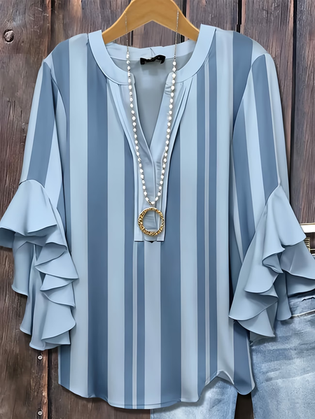 

V Neck Half Sleeve Striped Printing Regular Loose Shirt For Women, Blue, Blouses