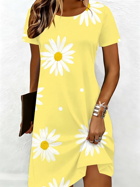 

Women Floral Summer Printing Dress Crew Neck Short Sleeve T-Shirt Dress A-Line Dress, Yellow, Dresses