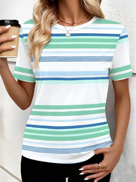 

Casual Striped Crew Neck Short Sleeve T-shirt, White, T-shirts