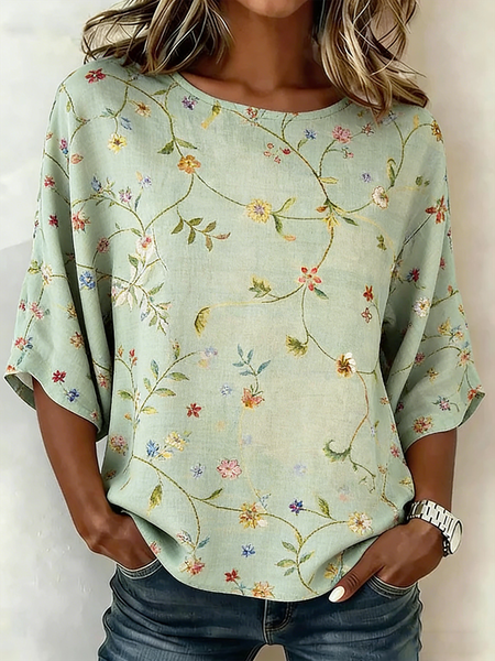 

Crew Neck Half Sleeve Floral Lightweight Loose Shirt For Women, Green, T-shirts