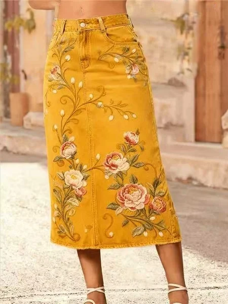 

Casual Floral A-Line Mid Waist Maxi Skirt, Yellow, Dresses