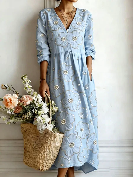 

Women Floral Summer Dress V Neck Half Sleeve A-Line Dress, Blue, Dresses