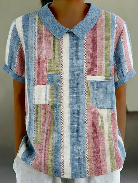 

Shawl Collar Short Sleeve Striped Regular Loose Shirt For Women, As picture, T-shirts
