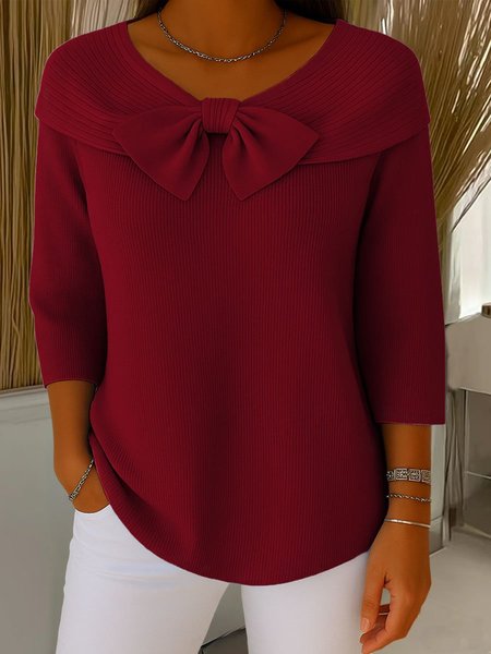 

Plain Simple Crew Neck Loose Knit Top, Wine red, T-Shirts