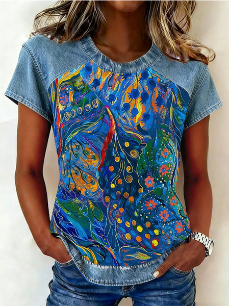 

Vintage Pop Art Print Crew Neck Short Sleeve T-shirt, Blue, T-shirts