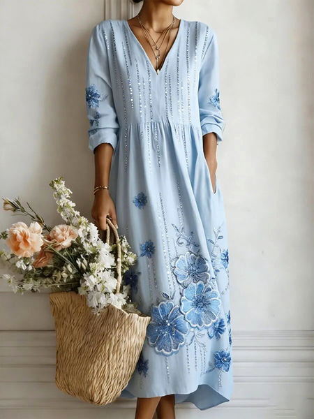 

Women Floral Summer Dress V Neck Half Sleeve A-Line Dress, Blue, Dresses