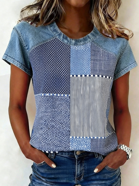 

Vintage Striped Crew Neck Short Sleeve T-shirt, Blue, T-shirts