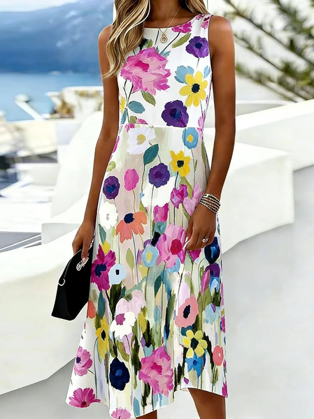 

Women Floral Summer Dress Crew Neck Sleeveless A-Line Dress, Flower, Dresses