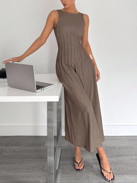 

Elegant Plain Ruched Boat Neck Midi Dress, Brown, Maxi Dresses