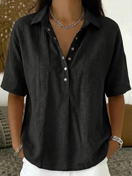 

Mock Neck Short Sleeve Plain Split Joint Regular Micro-Elasticity Loose Tunic Shirt For Women, Black, Shirts